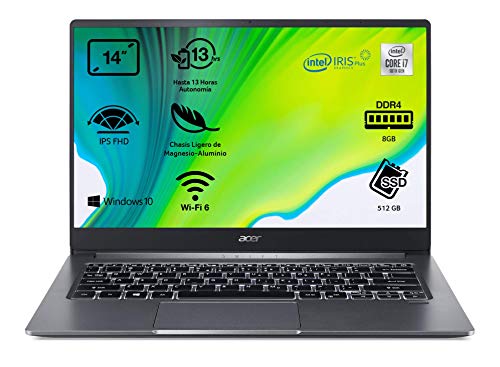 Acer Swift 3 - Ordenador Portátil ultrafino 14" FullHD (Intel Core i7-1065G7, 8GB RAM, 512GB SSD, Intel Iris Plus Graphics, Windows 10 Home), Color Gris - Teclado Qwerty Español