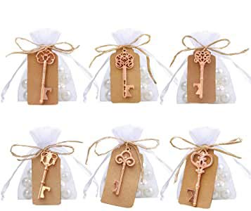 Amajoy Pack de 30 abridores de llaves de esqueleto surtidos vintage con favor de bolsa blanca Favor de bolsa Boda antigua favorece los regalos de la fiesta de cumpleaños (6 estilos, oro rosa)