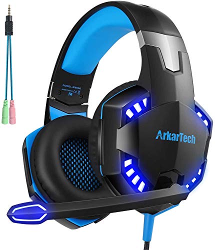 ArkarTech Cascos Auriculares Gaming con Micrófono Headset Auricular Gamer Juegos Jack 3,5mm Ultra-livianos Ajustable Estéreo LED y USB Para PC Computadoras