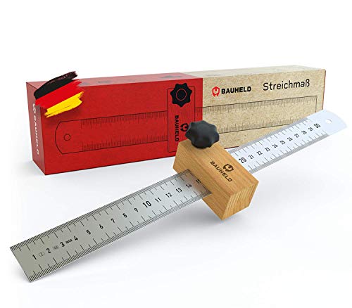 Bauheld – Regla de 300 mm de acero inoxidable INOX [Made in Germany] – Escala de medición en cm y pulgadas – Tope lineal de madera de haya con certificado PEFC