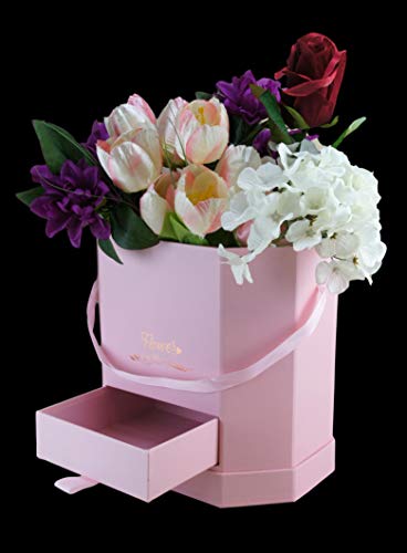 Bayli Caja decorativa con tapa, cordón y compartimento de regalo, caja de flores, caja de organización, caja de regalo, redonda, caja de regalo, caja de flores, caja de rosas, color rosa
