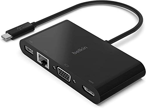 Belkin AVC005btBK - Adaptador Multimedia USB-C (hub USB-C con Puertos VGA, HDMI 4K, USB 3.0 y Ethernet, para MacBook, iPad Pro, Surface Pro, Chromebook y Otros)