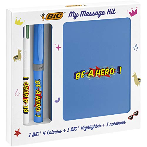 BIC My Menssage Kit Be a Hero – Kit de papelería con 1 bolígrafo BIC 4 colores / 1 subrayador BIC Highlighter Grip azul/1 cuaderno de notas A6 blanco, pack de 3