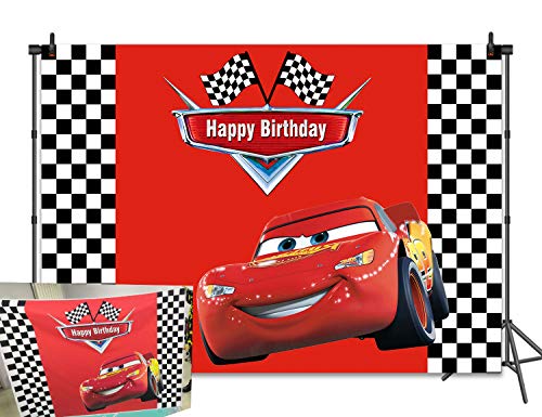 BINQOO 2,1 x 1,5 m telón de fondo para carreras de coches de dibujos animados, bandera de carreras, color negro, blanco y rojo, fondos para fotografía, decoración de fiesta de cumpleaños