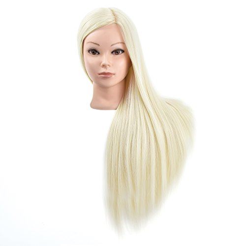 Cabeza de maniquí de pelo sintético 100 % para practicar, de 71 cm, cabeza de muñeca con abrazadera para mesa
