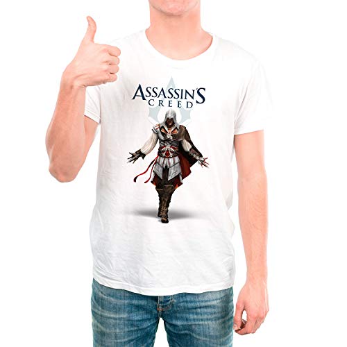 Camiseta Hombre Videojuego Assassins Creed (Blanco, XL)