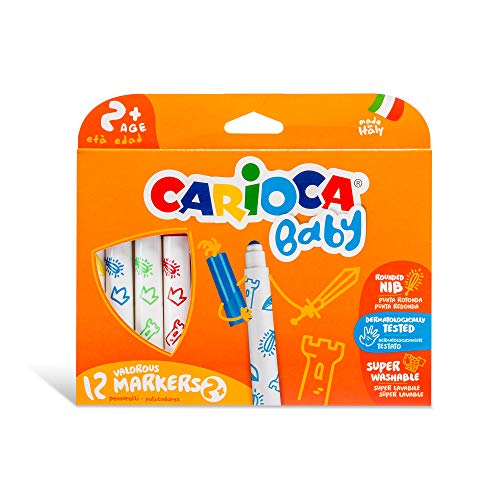 Carioca Baby VALOROUS Markers |42814 - Rotuladores con Punta Redondeada Superlavables (Niños Bebés 24 Meses), 12 Colores