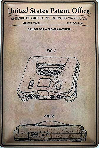 Cartel de Chapa 30 x 20 cm U.S. Patent Office. - Design for a Game Machine Nintendo 64 (Nintendo of America) 1997 - Deko7
