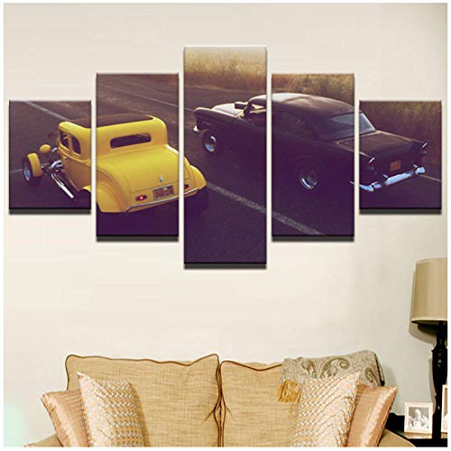 Cuadro de pintura en lienzo Arte de la pared Decoración del hogar para la sala de estar 5 paneles Coches clásicos Marco de impresión de coche negro y amarillo 30x40 30x60 30x80cm artppolr