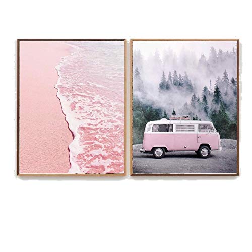 Cuadro decoración salón o dormitorio moderno.Personalizado.Con marco.Diptico,"Caravana + Mar rosa"· Elige tamaño,color del marco y color de imagen.