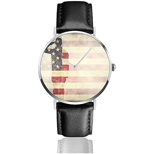 Doble Exposición De Soldado Saludando En Estados Unidos Bandera De Grunge. Reloj de Pulsera de Moda Bussiness Leather Watch