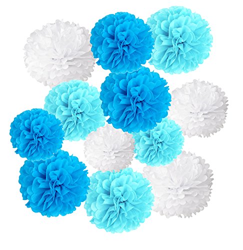 DOITEM Papel Pom Poms Flores Tissue para Decoración de Boda, Fiesta Cumpleaños, Bienvenida al Bebé, 12 Piezas (Azul, cielo azul y blanco)