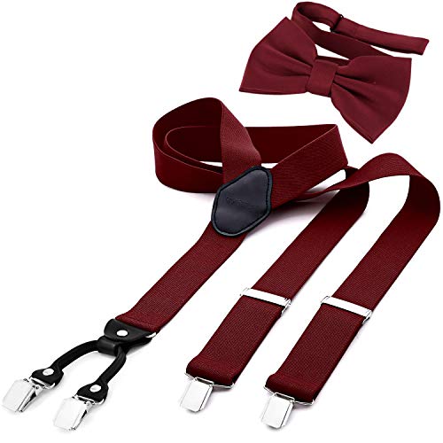 DonDon Tirantes para hombres ancho 3,5 cm en forma de Y, elásticos y ajustables en paquete de 2 con pajaritas adecuada 12 x 6 cm - Rojo oscuro