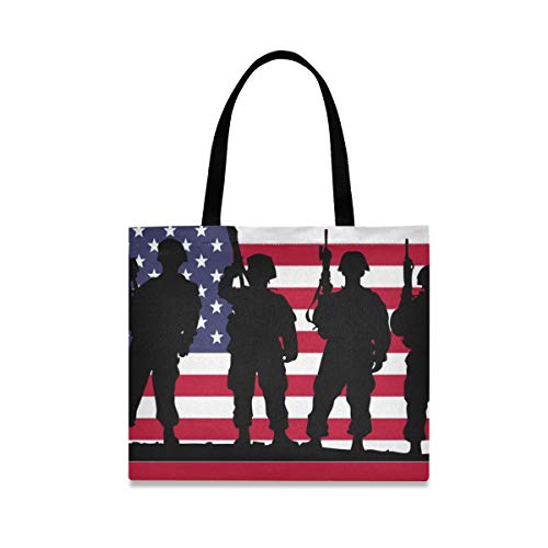 DOSHINE - Bolsa de lona, diseño de soldados de la bandera de Estados Unidos reutilizable para la compra de comestibles y la escuela, bolso de hombro para mujeres y niñas