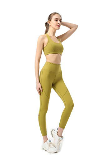 Eagool Conjuntos de Entrenamiento para Mujer Trajes de 3 Piezas Leggings de Yoga de Cintura Alta y Sujetador Deportivo Ropa de Gimnasio Medio Verde