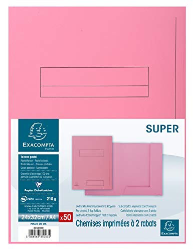 Exacompta 335003E - Lote de 50 Subcarpetas Super 250 Impresas y con 2 Solapas, Color Rosa