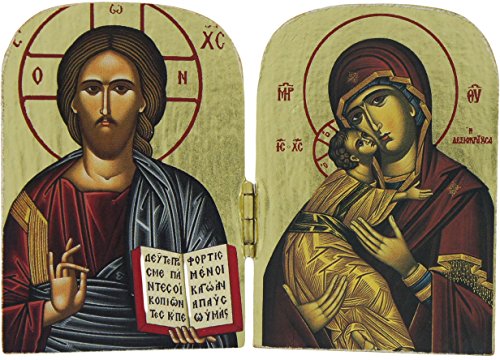 Ferrari & Arrighetti Icono díptico Jesús Pantocrator y Virgen María de Madera (Icono Griego) - 10 x 7 cm