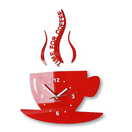 FLEXISTYLE Tasse Time for Coffee - Reloj de Pared para Cocina, diseño Moderno, Color Rojo