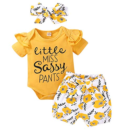 FYMNSI - Conjunto de ropa de verano para bebé y niña, de manga corta, con volantes, con estampado de flores, 3 piezas, para 0-18 meses amarillo 6-12 Meses
