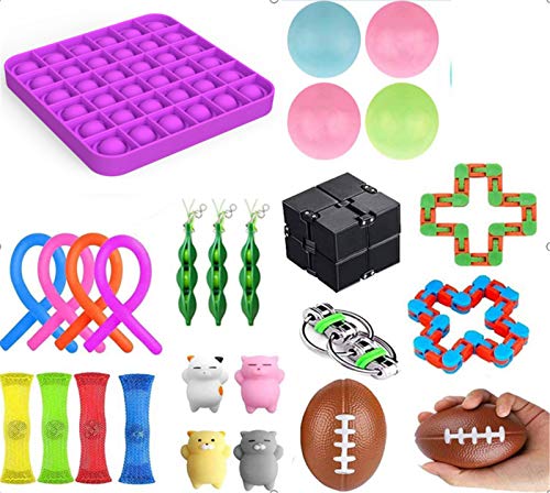 Geagodelia Sensory Fidget Toy Set Juguetes de oficina para niños Adultos Stress Squeeze Toys con Pea Shell Squishy Ball Infinity Cube Fidget Rings (26PCS Set B)