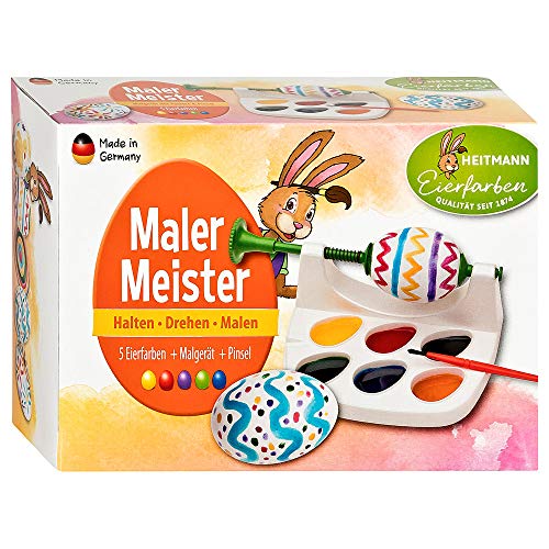 Heitmann Eierfarben Malermeister - Mal mit mir! - Ostereier-Malmaschine - 6 flüssige Eierfarben - Pinsel - auch für Linkshänder