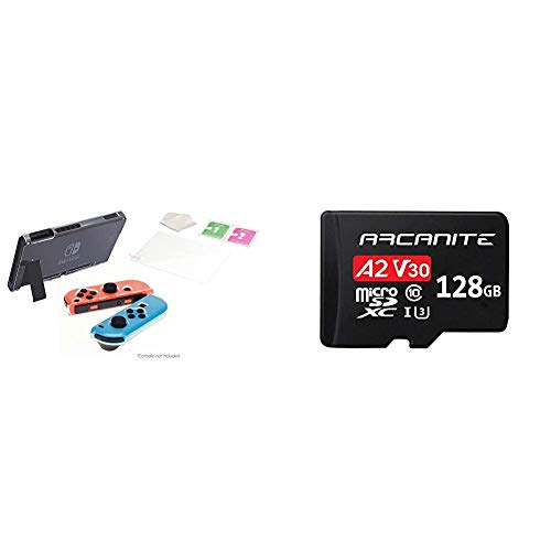 iMW, Kit de protección 3 en 1 para Nintendo Switch + ARCANITE, tarjeta de memoria microSDXC de 128 GB con adaptador SD, A2, UHS-I U3, V30, 4K, C10, Micro SD, Velocidad de lectura de hasta 95 MB/s