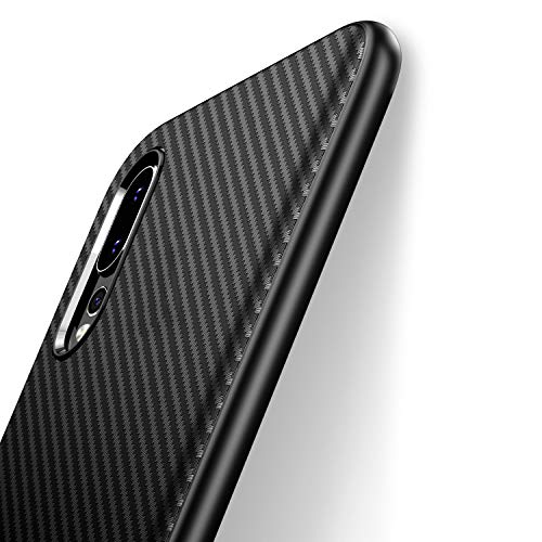 J Jecent Funda Huawei P20 Pro [Textura Fibra de Carbono] Carcasa Ligera Silicona Suave TPU Gel Bumper Case Cover de Protección Antideslizante [Anti-Rasguño] [ Anti-Golpes] - Negro