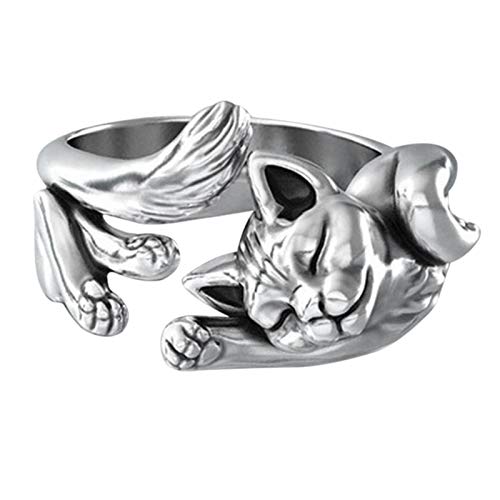 lefeindgdi Anillo en forma de gato, vivo, figura de animal, anillo abierto de aleación de dedo, ajustable, estilo retro, regalo de Pascua para mujeres y hombres