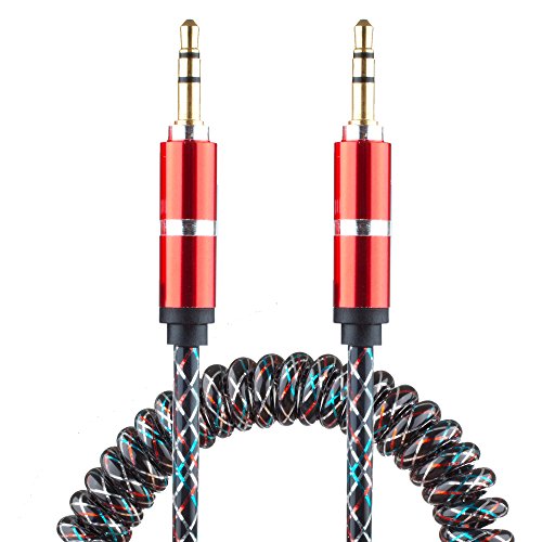 Lilware Cable Auxiliar de Audio de 3.5mm Marca de Resorte Enrollado Cubierto de Goma con Conectores Macho a Macho para Dispositivos Multimedia - Rojo