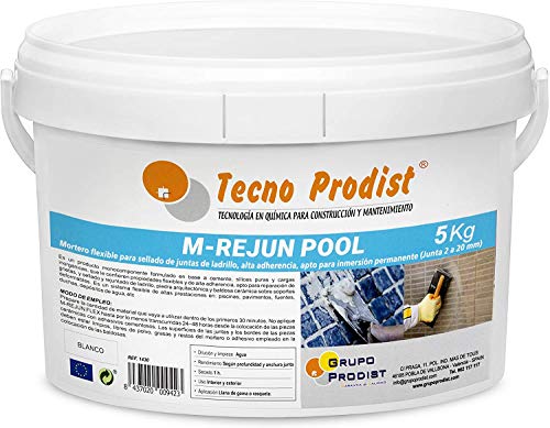 M-REJUN POOL de Tecno Prodist - (5 kg) Mortero flexible para sellado de juntas de baldosas y gresite en piscinas, ceramica, ladrillo, etc, apto para inmersión permanente (Junta 2 a 20 mm) Color Blanco
