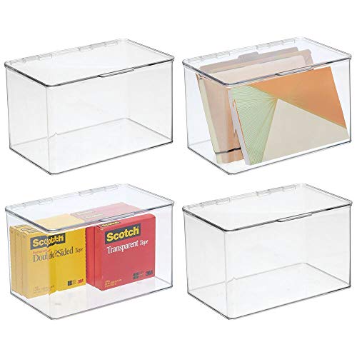 mDesign Juego de 4 organizadores de oficina – Práctica caja con tapa para notas, marcadores y más – Cajón de plástico apilable para guardar los útiles de oficina – transparente
