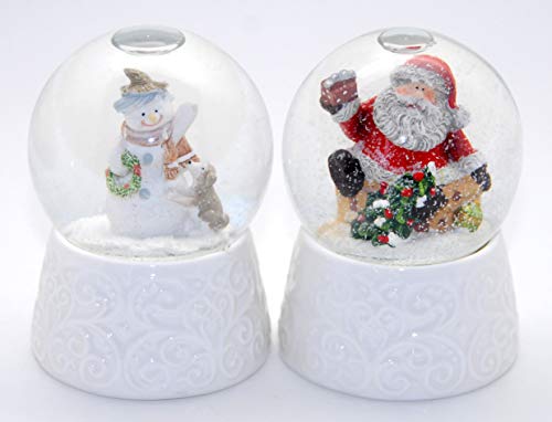 Minium Collection 2-85-86 2 bolas de nieve de alta calidad con base de porcelana blanca, muñeco de nieve con perro y Papá Noel de 65 mm de diámetro, burbuja de aire