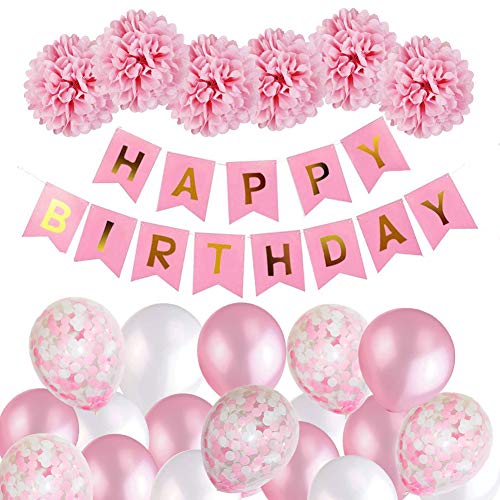 MMTX Decoración de Cumpleaños para Niña, Rosa Feliz Cumpleaños Conjunto de Pancartas de Feliz Cumpleaños con Globos Rosados y Pompones de Papel Tisú Para Niña