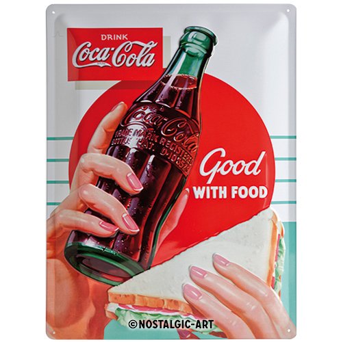 Nostalgic-Art Cartel de chapa retro Coca-Cola Good With Food – Idea de regalo aficionados a la Coke, metálico, Diseño vintage decorativo, 30 x 40 cm