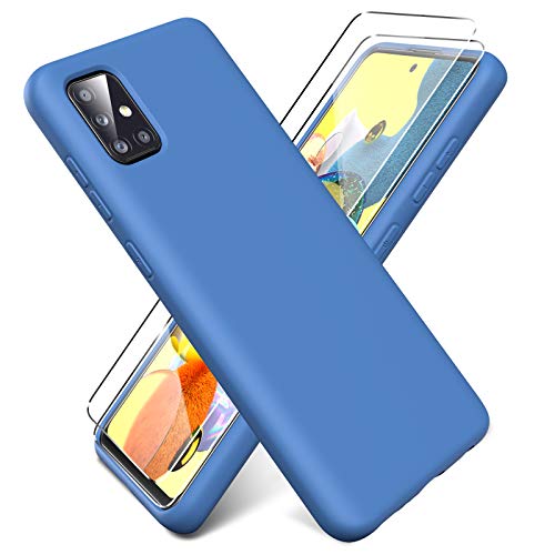 Oududianzi - Funda para Samsung Galaxy A51 5G + [2 Pack] Protector Pantalla, Carcasa de Silicona Líquida Gel Ultra Suave Funda con tapete de Microfibra Anti-Rasguño - Azul