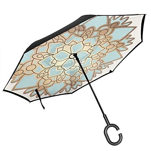 Paraguas invertido de doble capa con mango en forma de C, elegante flor de loto azul y dorado, anti UV, resistente al agua, resistente al viento, paraguas recto para uso al aire libre
