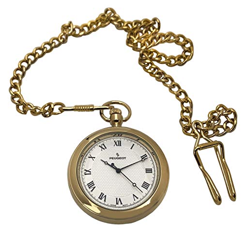 Peugeot 14Kt Gold Plated Vintage Pocket Watch with Roman Numerals and 12 Inches Shain, Engraveable Case Back