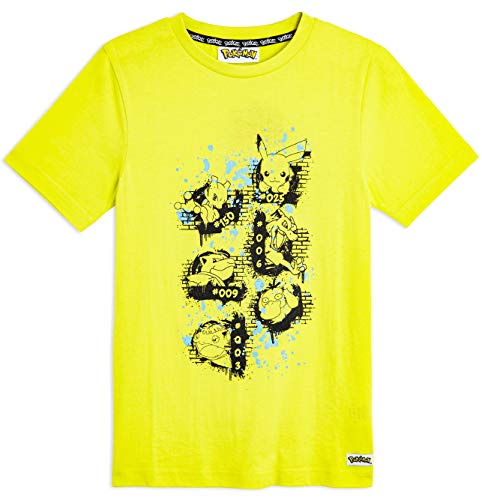Pokèmon Camiseta Niño Amarilla de Manga Corta, con Pikachu Mewtwo Blastoise Psyduck Charizard Venusaur, Ropa Niño Camisetas de Algodón 100%, Regalos para Niños Adolescentes (13-14 años)