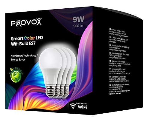 PROVOX - 4 bombillas LED conectadas wifi (9 W, compatible con Google Home & Alexa, 16 medios de color, norma CE, garantía 1 año, Energy Safe