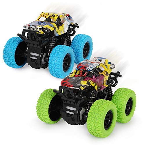 Shayson Inertia Tire hacia Atrás del Coche Truck Monster Camión Todoterreno Coche De Carreras De Juguete con Rotación De 360 Grados Escala 1:36 Real Racing Niños De 3 a 8 Años （Azul + Verde）