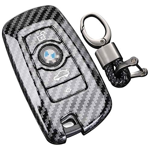 Spurtar Carcasa de fibra de carbono para llave de coche BMW 3 4 5 series M5 M6 X1 X3 X5 GT4 3/4 botones de llave de coche carcasa con llavero, color negro brillante