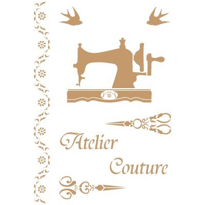 TODO-STENCIL Deco Vintage Composición 195 Atelier Couture. Medidas aproximadas: Medida Exterior 20 x 30 cm Medida del diseño:17,8 x 26,1 cm Medida de la Figura 1: 12,6 x 8,4 cm