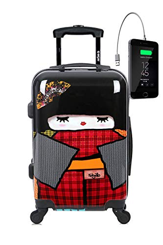 TOKYOTO - Maleta de Cabina Equipaje de Mano, Japan Doll con Cargador USB, 8000mAh, 55x40x20 cm | Maleta Juvenil, Trolley de Viaje Ryanair, Easyjet | Maleta de Viaje Rígida Divertida