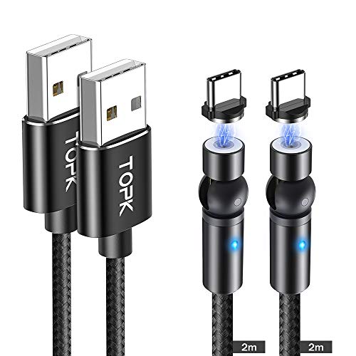 TOPK Cable USB C Tipo C, [2 Pack, 2m] 360 ° y 180 ° Rotación Cable Magnetico Adaptador Cargador Movil Cable para Huawei P10 Mate 10, Samsung Galaxy, Xiaomi, Nexus (Negro)