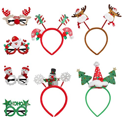 TOYANDONA 4 Pieces Christmas Headbands with 4 Pieces Christmas Glittered Glasses Photo Props Decoration Supplies for Christmas Holiday Party Favors Decorations