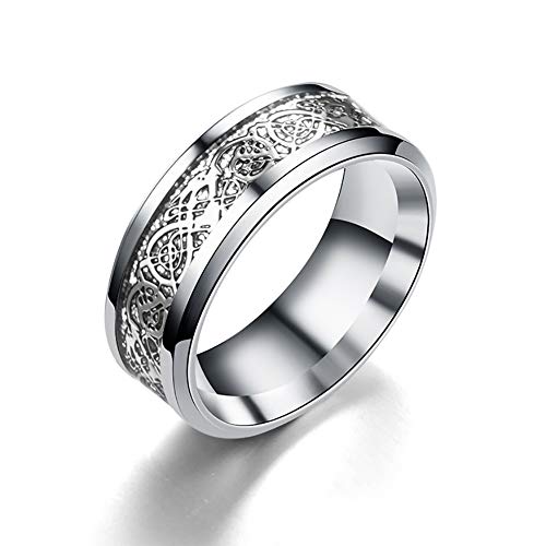 Trifycore anillo de acero inoxidable anillo de dragón Dragón con figuras de dragón joyería del anillo del dragón para los hombres y mujeres de 8 mm (plata)