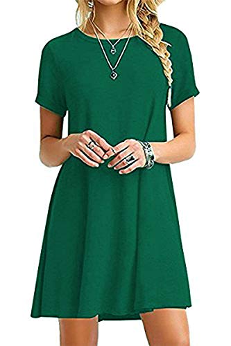 YOUCHAN Vestidos Mujer de Camiseta Suelto Casual Cuello Redondo Ocasional Sólida Mini Vestido_Ejercito Verde_L