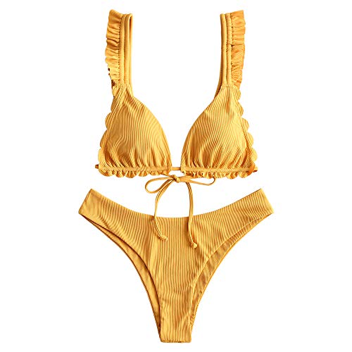 Zafl - Bañador de dos piezas con volantes florales y escote de bikini sin hilos sujetador y memorias de tamaño natural amarillo mostaza L