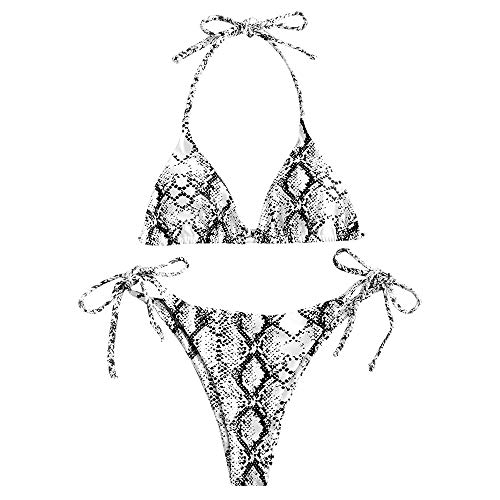 ZAFUL Bikini para mujer con estampado de serpiente, de piel de serpiente, dos piezas, cintura baja Blanco S
