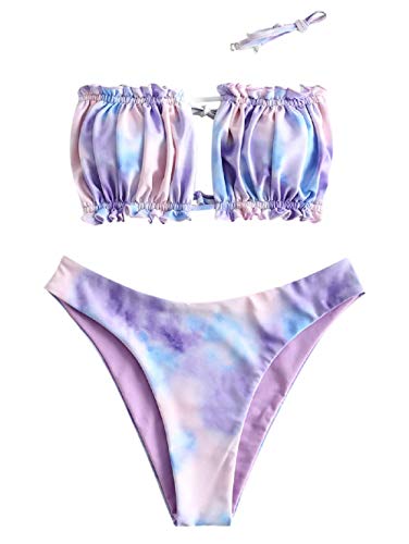 ZAFUL - Conjunto de bikini para mujer, banda sin tirantes con cordón y traje de baño de color liso con rouches Multi-e M